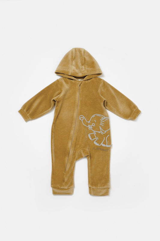 Salopeta Elefant cu maneca lunga si gluga din 80%bumbac organic si 20% poliester - Mustar, BabyCosy - Salopeta