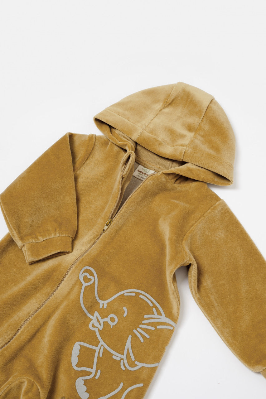 Salopeta Elefant cu maneca lunga si gluga din 80%bumbac organic si 20% poliester - Mustar, BabyCosy
