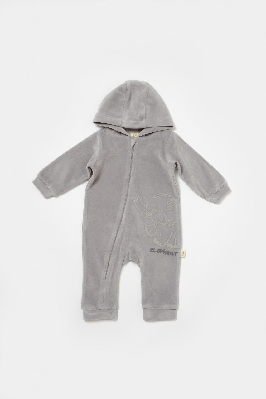 Salopeta Elefant cu maneca lunga si gluga din 80%bumbac organic si 20% poliester - Gri, BabyCosy