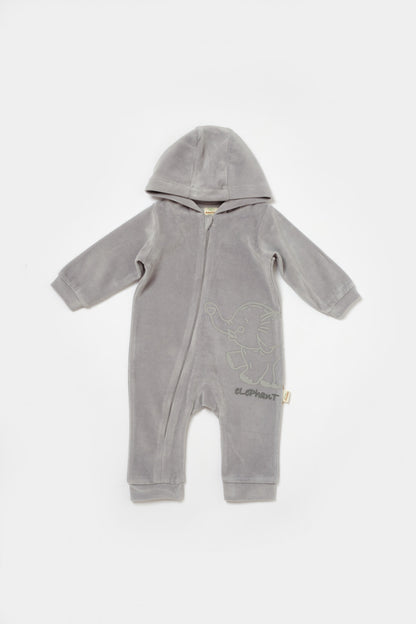 Salopeta Elefant cu maneca lunga si gluga din 80%bumbac organic si 20% poliester - Gri, BabyCosy