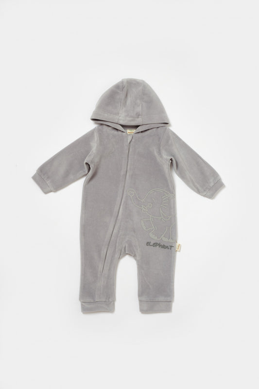 Salopeta Elefant cu maneca lunga si gluga din 80%bumbac organic si 20% poliester - Gri, BabyCosy - Salopeta