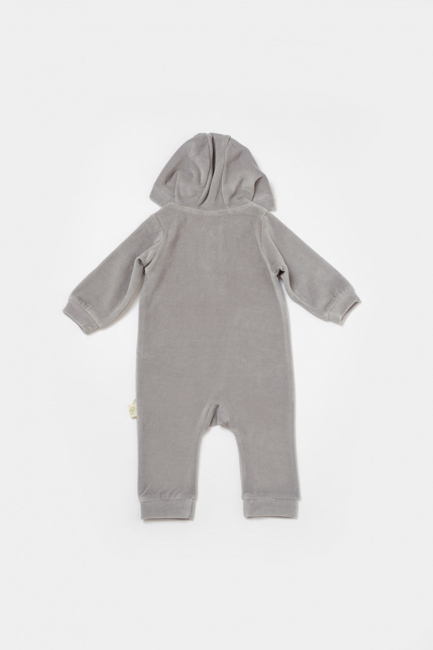 Salopeta Elefant cu maneca lunga si gluga din 80%bumbac organic si 20% poliester - Gri, BabyCosy