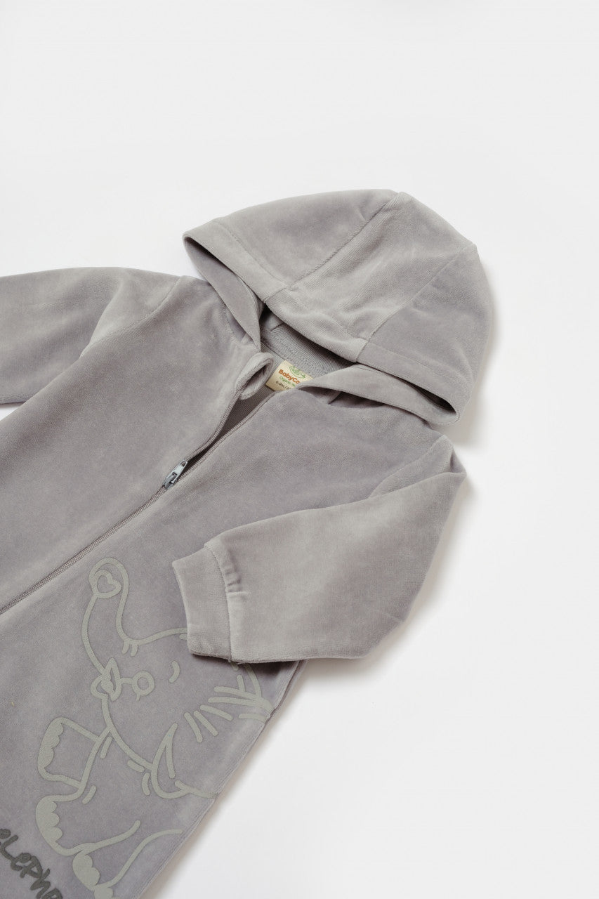 Salopeta Elefant cu maneca lunga si gluga din 80%bumbac organic si 20% poliester - Gri, BabyCosy