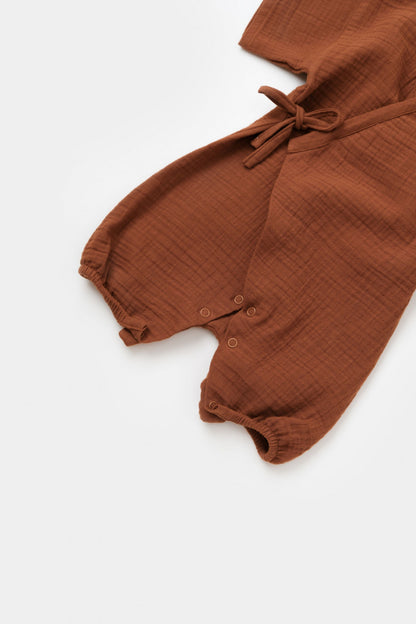 Salopeta petrecuta din muselina, BabyCosy, 100% bumbac organic, Caramiziu