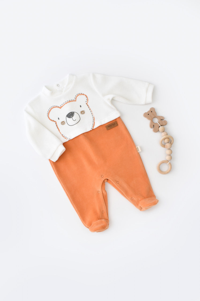 Salopeta Ursulet cu maneca lunga si botosei din 80%bumbac organic si 20% poliester - Portocaliu, BabyCosy