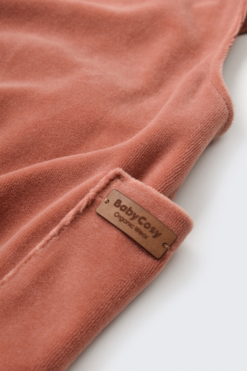 Salopeta Velvet cu bretele din 80%bumbac organic si 20% poliester - Caramiziu, BabyCosy