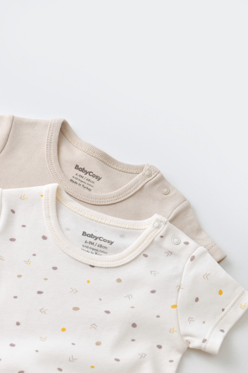 Set 2 body-uri bebe unisex -100% bumbac organic - Ecru cu buline, BabyCosy