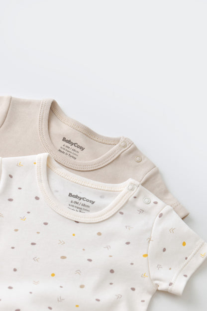 Set 2 body-uri bebe unisex -100% bumbac organic - Ecru cu buline, BabyCosy