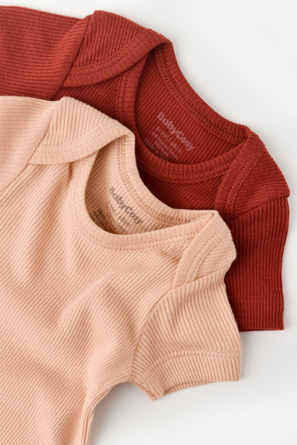 Set 2 body-uri bebe unisex din bumbac organic si modal - Caramiziu/Somon, BabyCosy