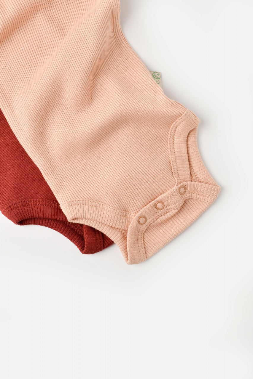 Set 2 body-uri bebe unisex din bumbac organic si modal - Caramiziu/Somon, BabyCosy