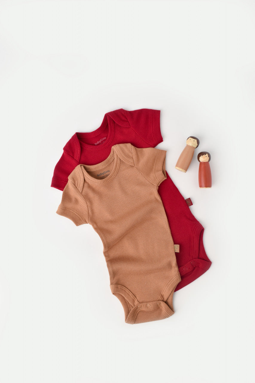 Set 2 body-uri bebe unisex din bumbac organic si modal - Maro/Rosu, BabyCosy