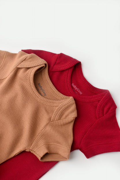 Set 2 body-uri bebe unisex din bumbac organic si modal - Maro/Rosu, BabyCosy