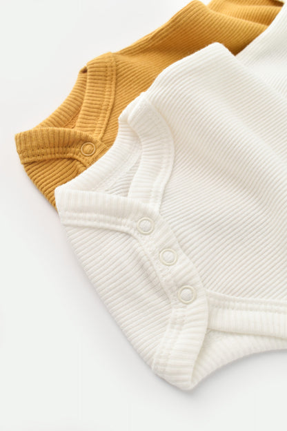 Set 2 body-uri bebe unisex din bumbac organic si modal - Mustar/Ecru, BabyCosy