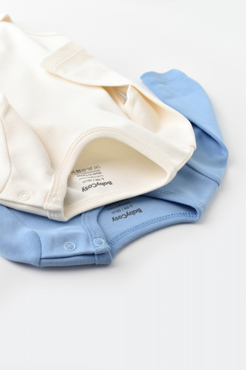 Set 2 body-uri cu maneca lunga bebe unisex -100% bumbac organic - Ecru/Bleu, BabyCosy