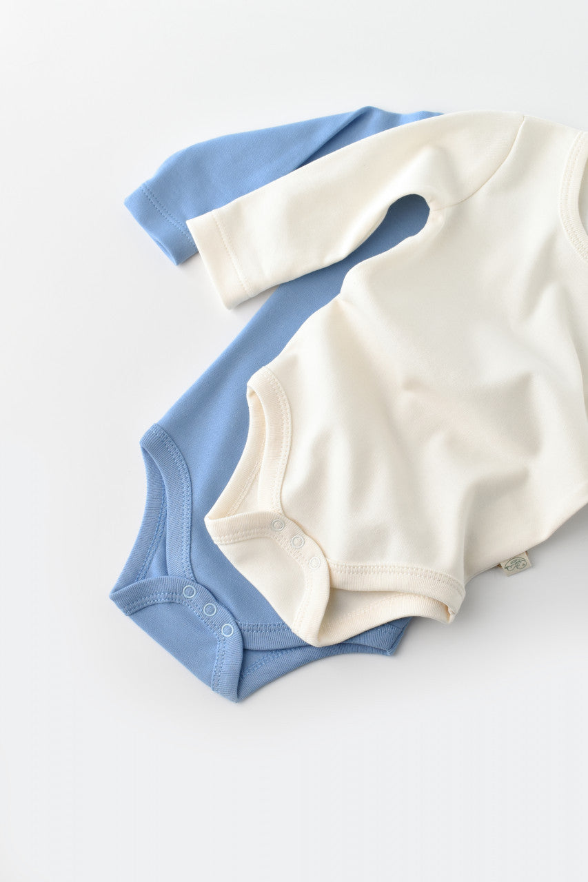 Set 2 body-uri cu maneca lunga bebe unisex -100% bumbac organic - Ecru/Bleu, BabyCosy