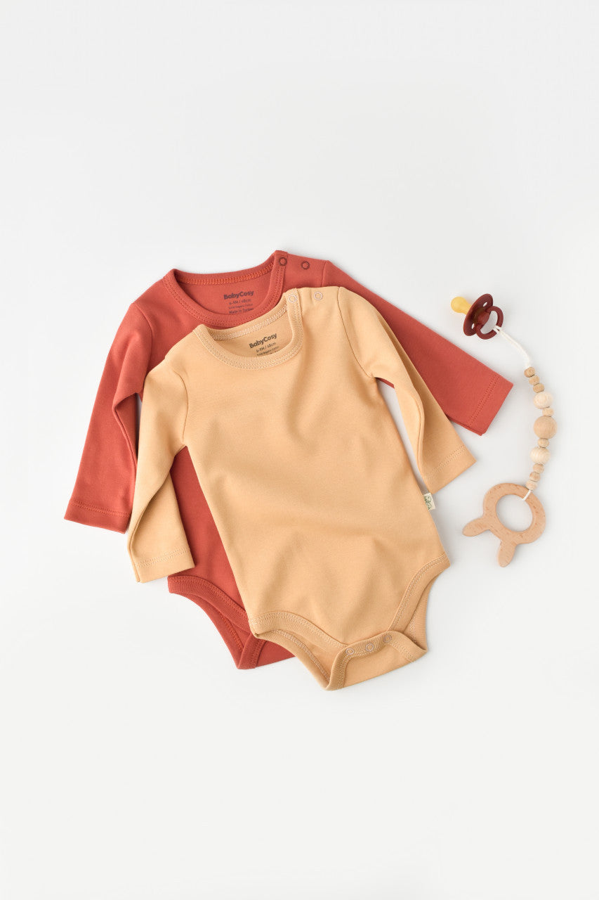 Set 2 body-uri cu maneca lunga bebe unisex -100% bumbac organic - Mustar/Scortisoara, BabyCosy