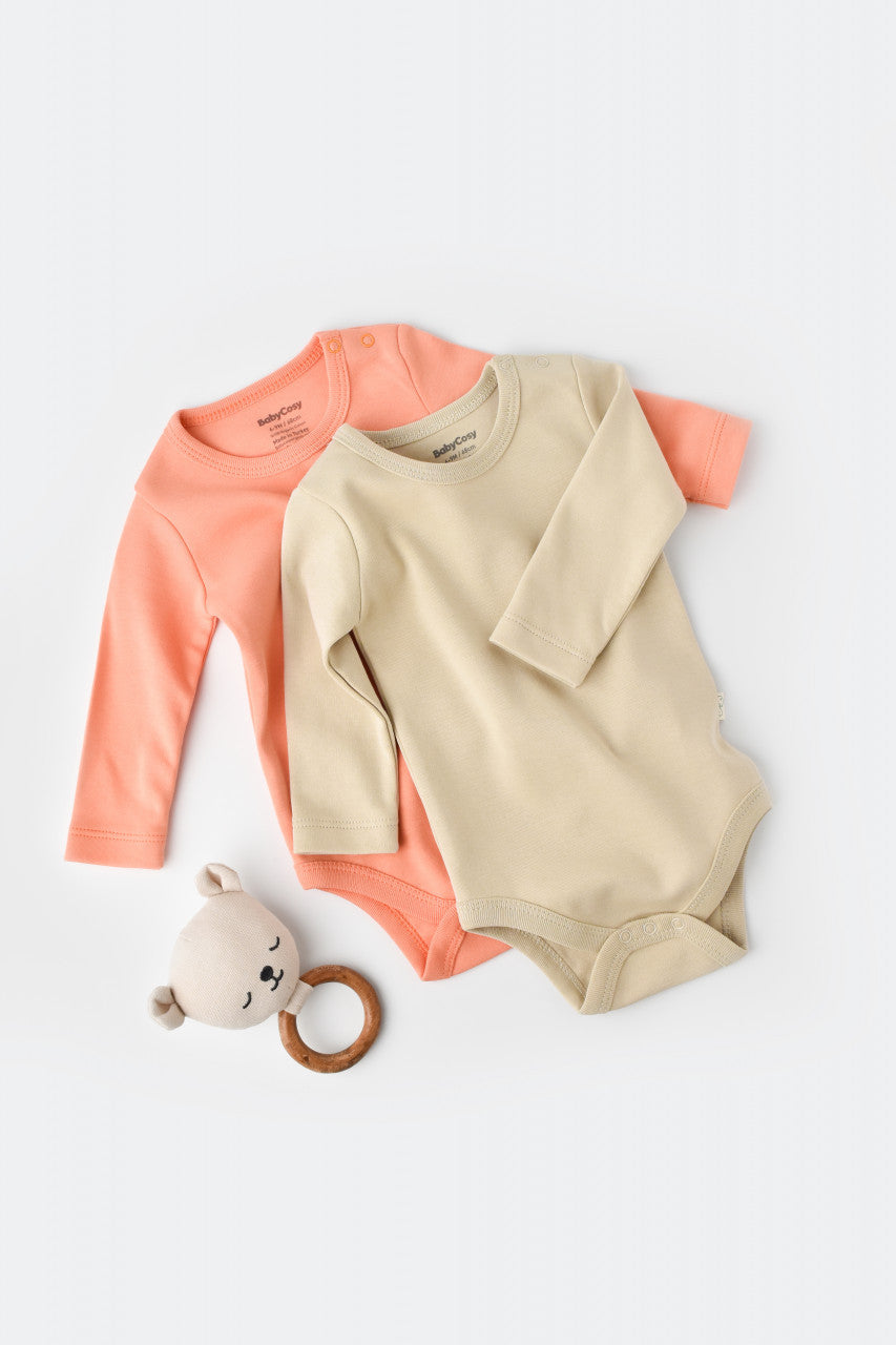 Set 2 body-uri cu maneca lunga bebe unisex -100% bumbac organic - Roz/Crem, BabyCosy
