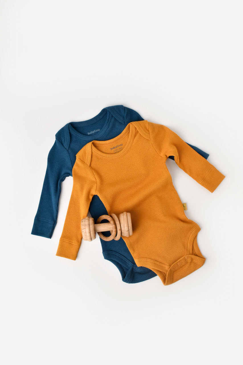 Set 2 body-uri cu maneca lunga bebe unisex din bumbac organic si modal - Bleumarin/Sofran, BabyCosy