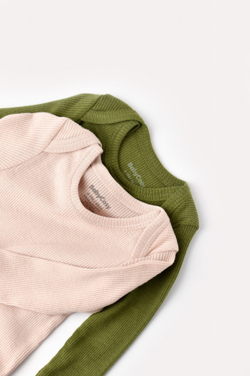 Set 2 body-uri cu maneca lunga bebe unisex din bumbac organic si modal - Verde/Blush, BabyCosy