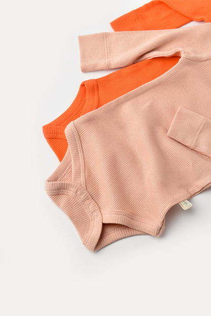 Set 2 body-uri cu maneca lunga bebe unisex din bumbac organic si modal - Rodie/Piersica, BabyCosy