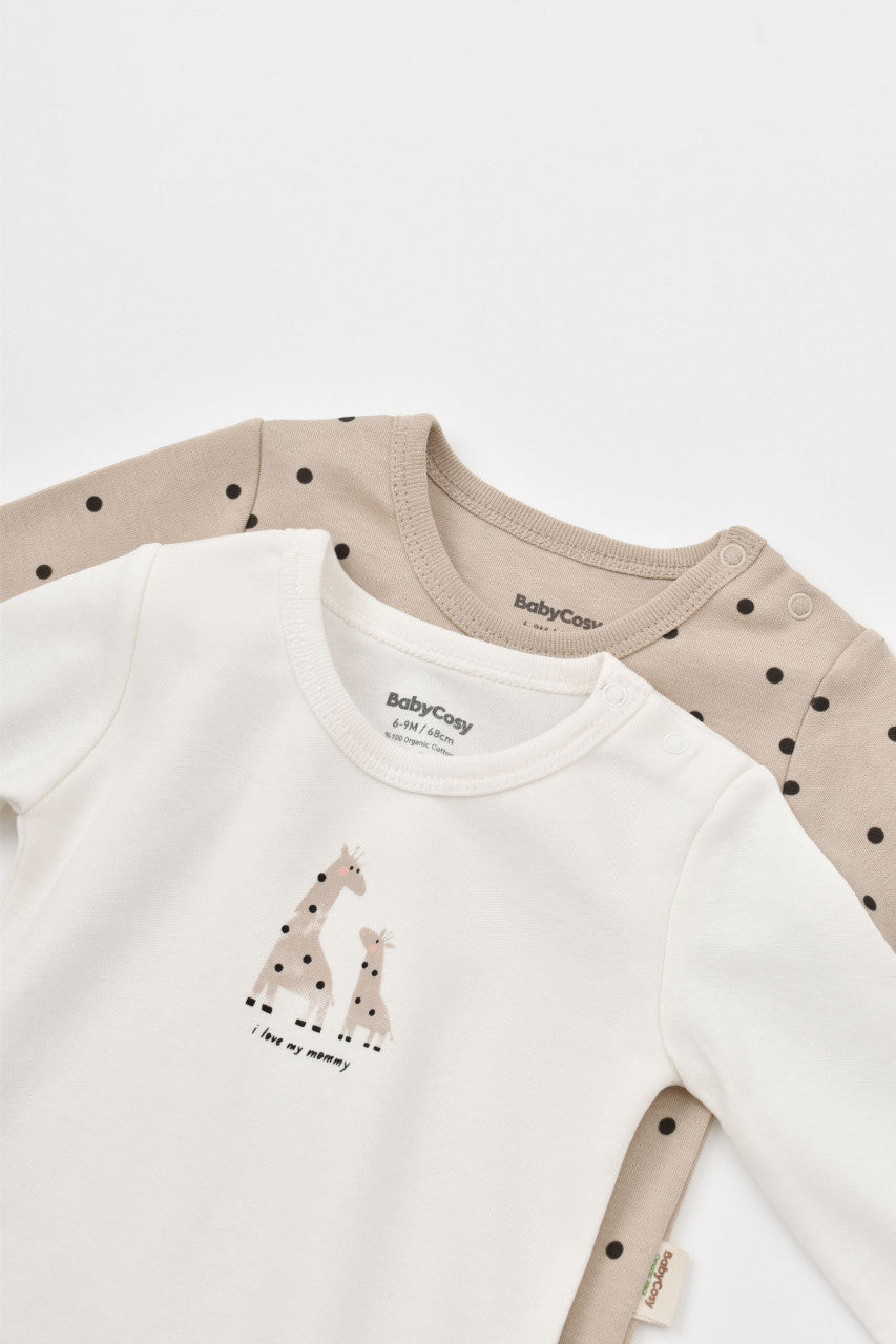 Set 2 body-uri cu maneca lunga bebe unisex Girafa, BabyCosy, 100% bumbac organic
