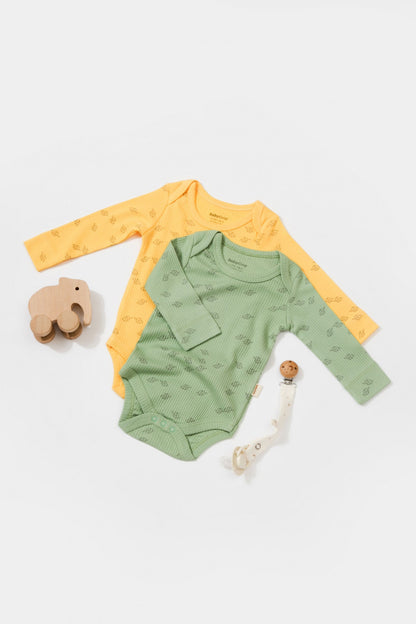 Set 2 body-uri cu maneca lunga Printed, BabyCosy, 50% modal+50% bumbac, Lamaie/Verde