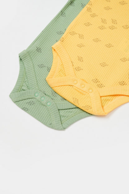 Set 2 body-uri cu maneca lunga Printed, BabyCosy, 50% modal+50% bumbac, Lamaie/Verde