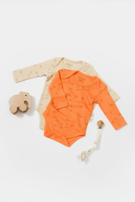 Set 2 body-uri cu maneca lunga Printed, BabyCosy, 50% modal+50% bumbac, Stone/Apricot - Body