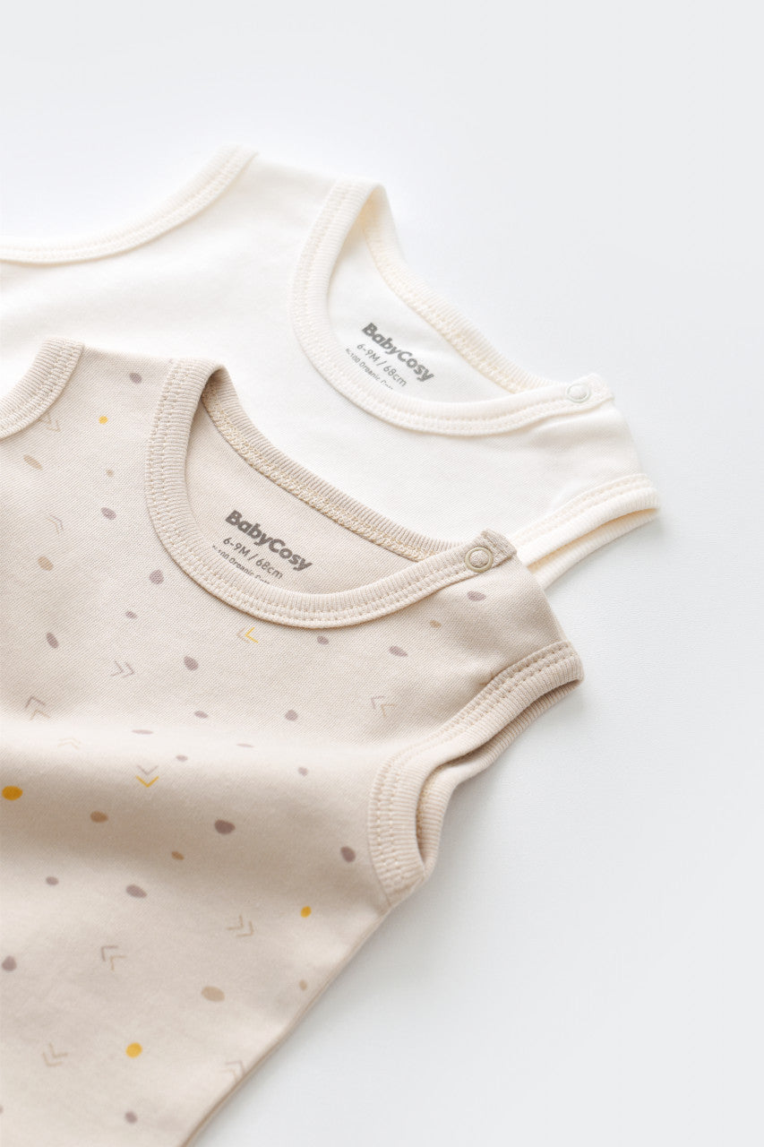 Set 2 body-uri fara maneci bebe unisex -100% bumbac organic - Crem cu buline, BabyCosy