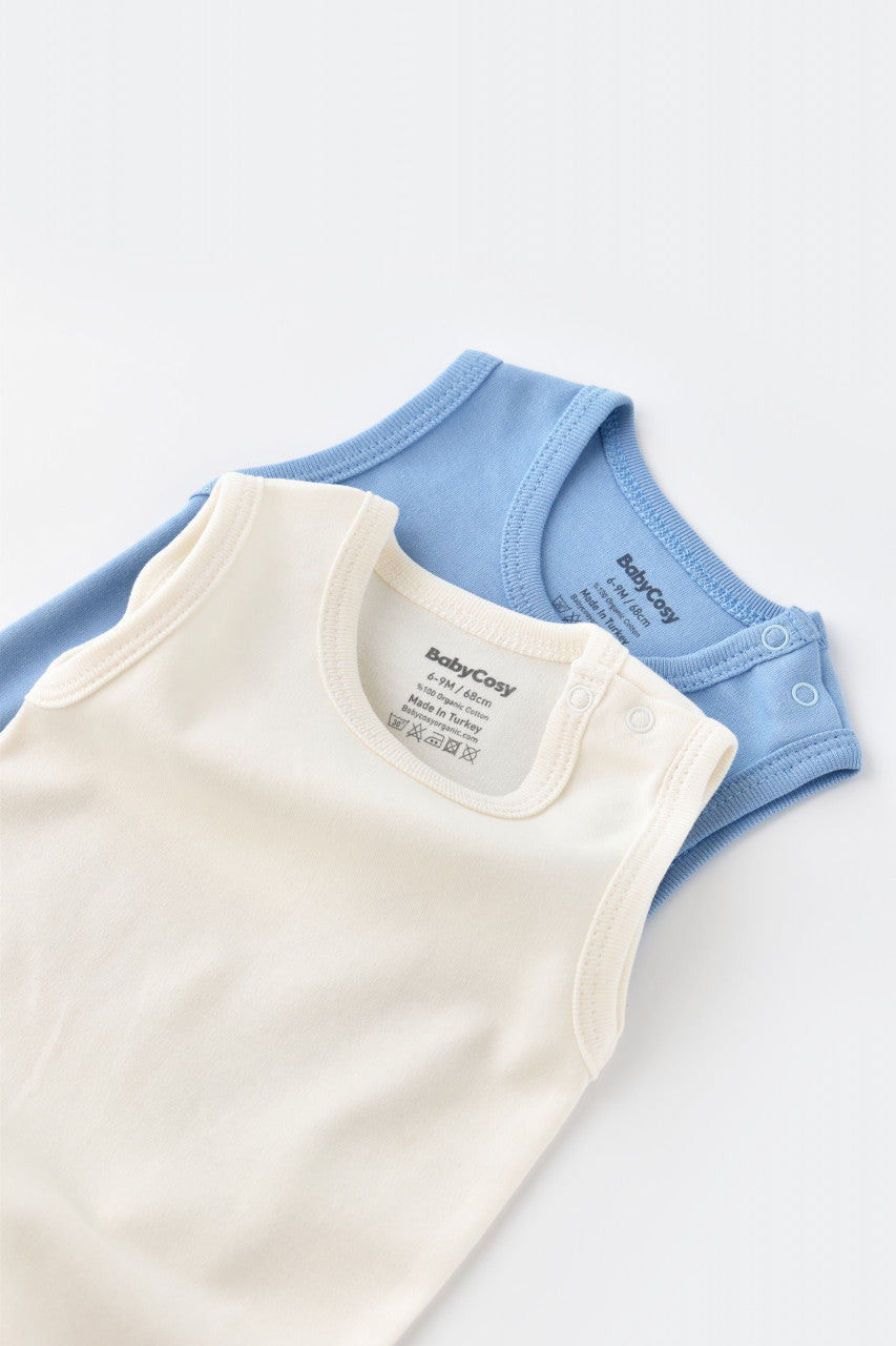 Set 2 body-uri fara maneci bebe unisex -100% bumbac organic - Ecru/Bleu, BabyCosy
