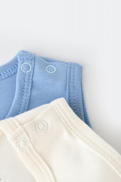 Set 2 body-uri fara maneci bebe unisex -100% bumbac organic - Ecru/Bleu, BabyCosy