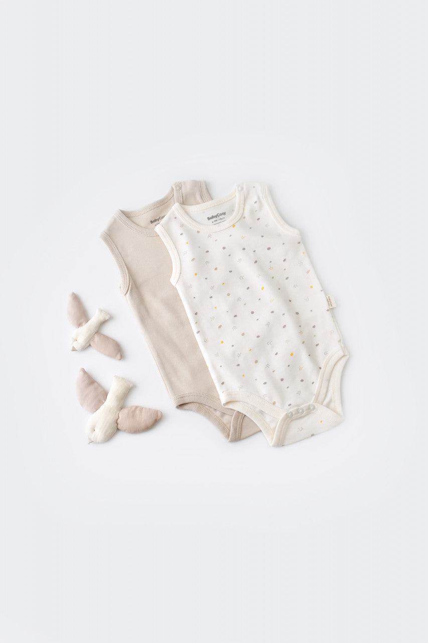Set 2 body-uri fara maneci bebe unisex -100% bumbac organic - Ecru cu buline, BabyCosy