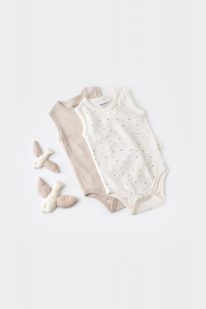 Set 2 body-uri fara maneci bebe unisex -100% bumbac organic - Ecru cu buline, BabyCosy