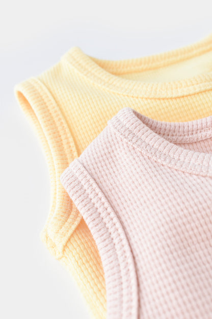 Set 2 body-uri fara maneci bebe unisex -100% bumbac organic - Galben/Roz, BabyCosy