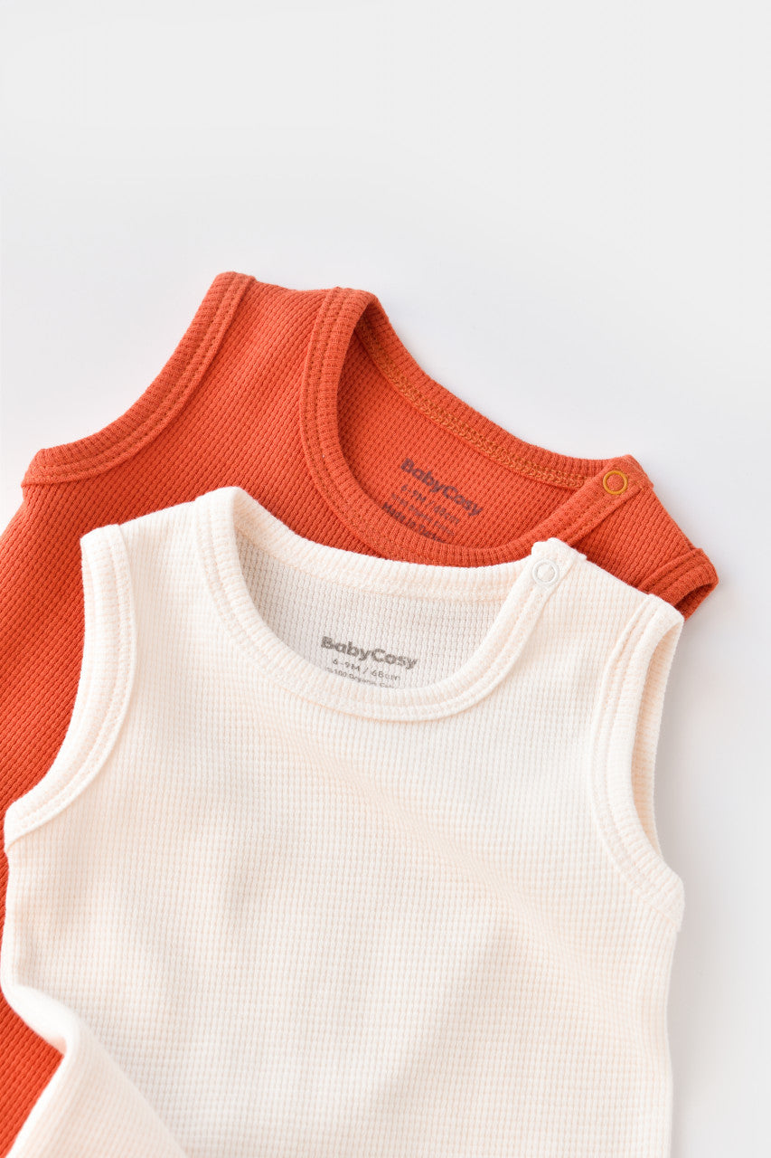 Set 2 body-uri fara maneci bebe unisex -100% bumbac organic -Scortisoara/Ecru, BabyCosy