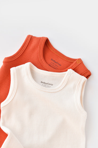 Set 2 body-uri fara maneci bebe unisex -100% bumbac organic -Scortisoara/Ecru, BabyCosy
