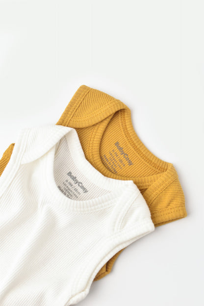 Set 2 body-uri fara maneci bebe unisex din bumbac organic si modal - Mustar/Ecru, BabyCosy