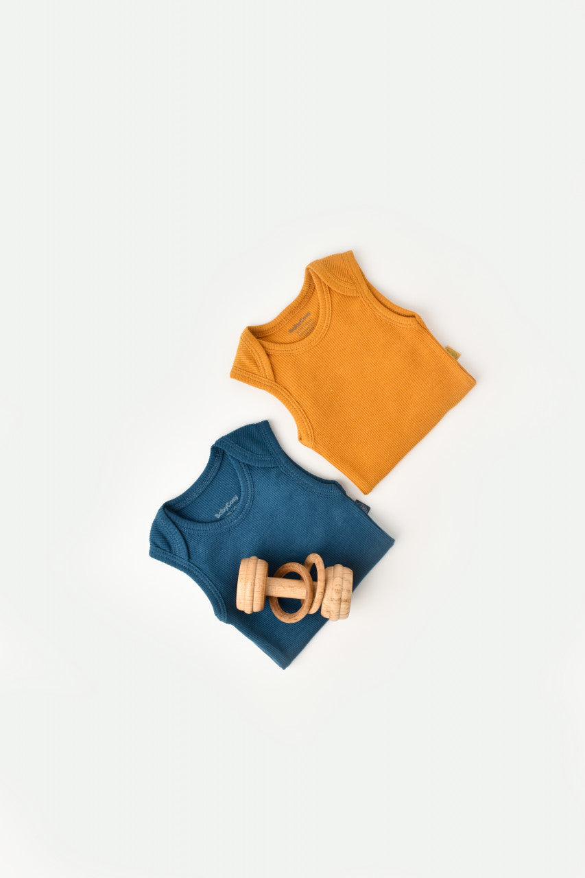 Set 2 body-uri fara maneci bebe unisex din bumbac organic si modal - Bleumarin/Sofran, BabyCosy