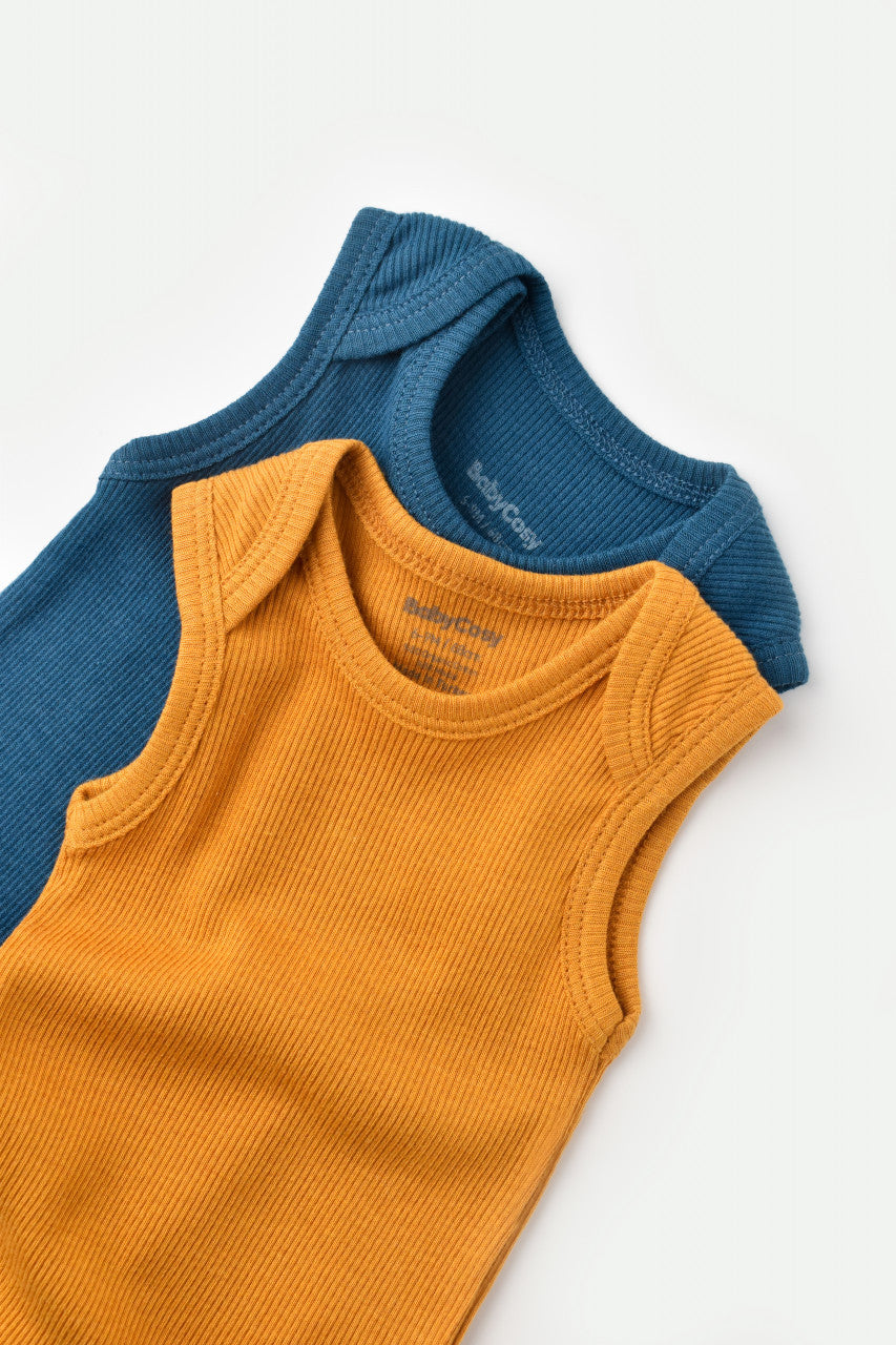 Set 2 body-uri fara maneci bebe unisex din bumbac organic si modal - Bleumarin/Sofran, BabyCosy