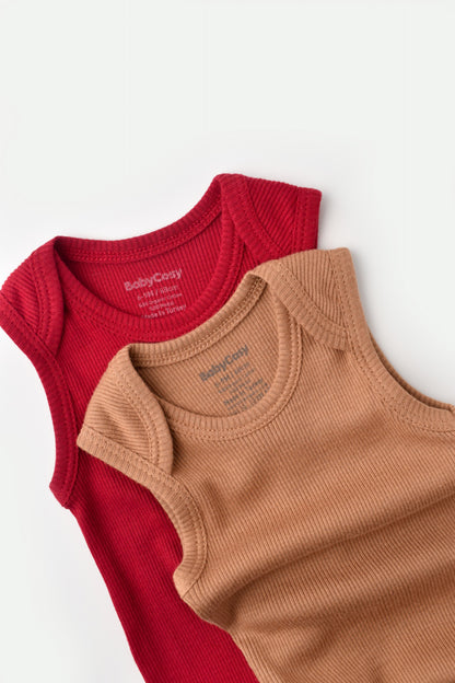 Set 2 body-uri fara maneci bebe unisex din bumbac organic si modal - Maro/Rosu, BabyCosy