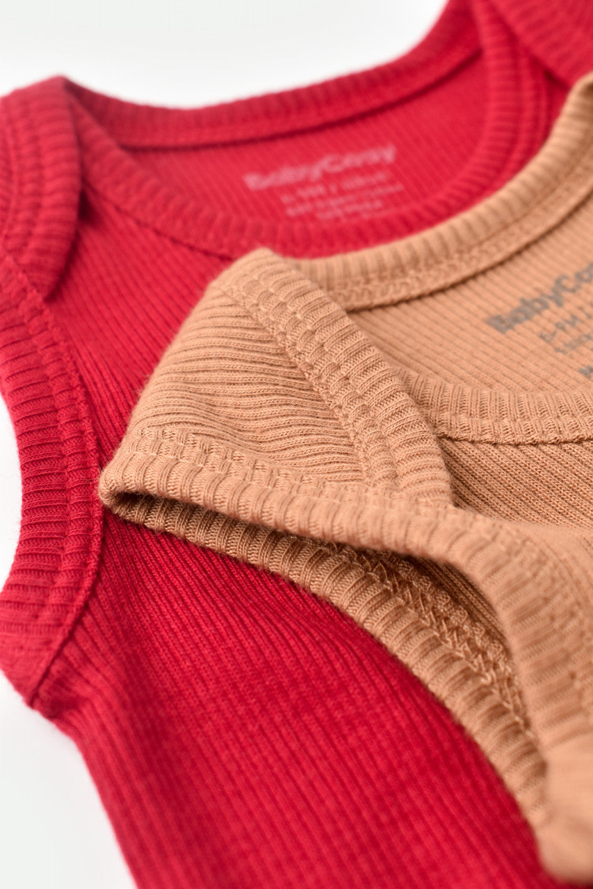 Set 2 body-uri fara maneci bebe unisex din bumbac organic si modal - Maro/Rosu, BabyCosy