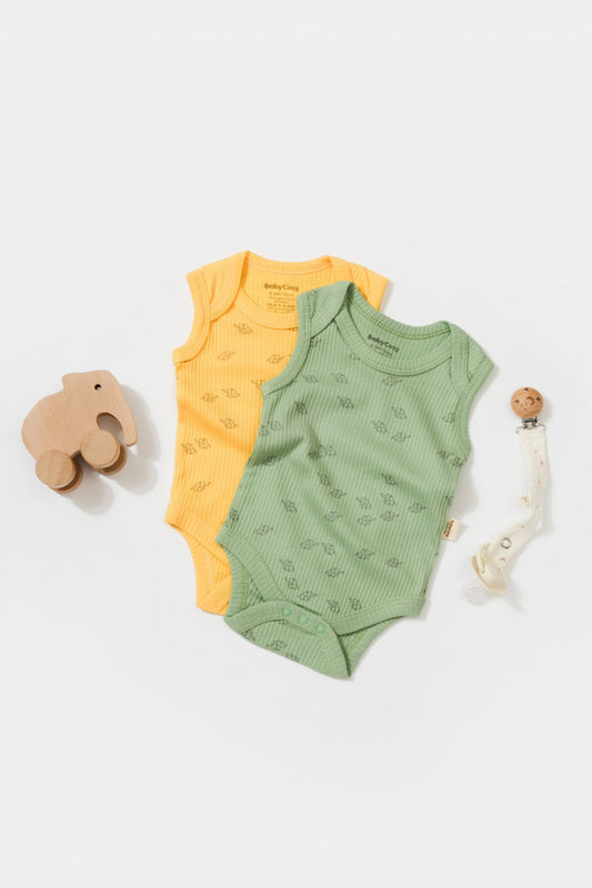 Set 2 body-uri fara maneci Printed, BabyCosy, 50% modal+50% bumbac, Lamaie/Verde - Body