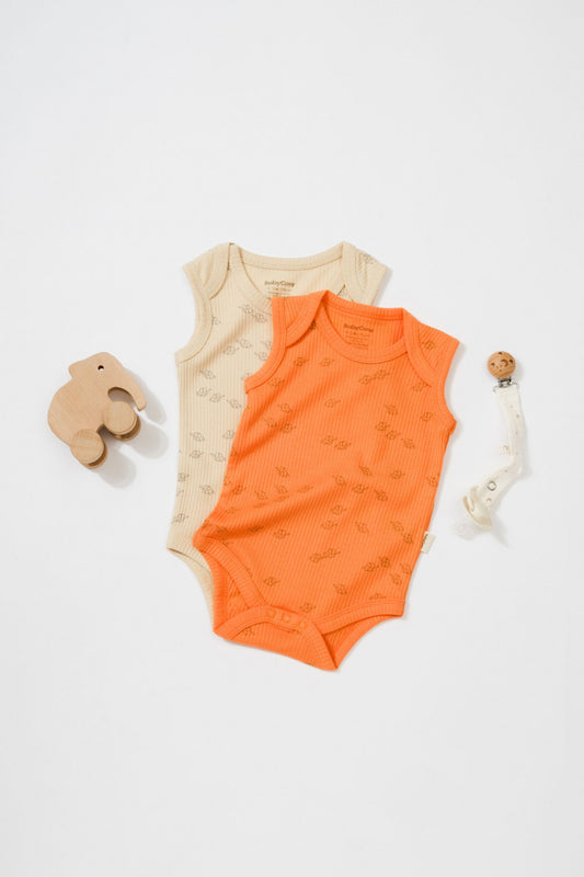 Set 2 body-uri fara maneci Printed, BabyCosy, 50% modal+50% bumbac, Stone/Apricot - Body