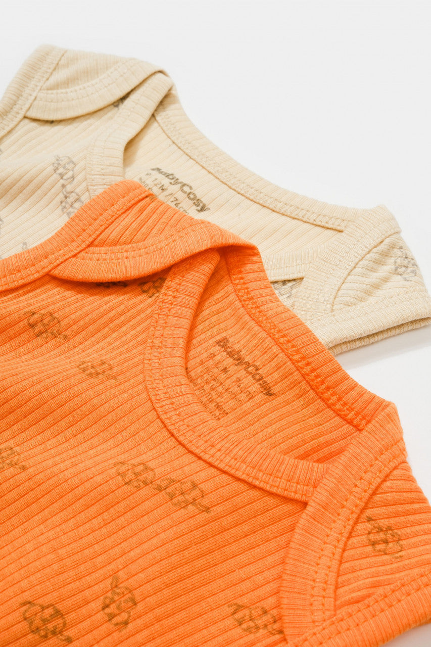 Set 2 body-uri fara maneci Printed, BabyCosy, 50% modal+50% bumbac, Stone/Apricot