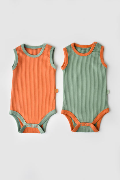 Set 2 body-uri fara maneci Ribana Bebe Unisex din bumbac organic si 5%elastan - Portocaliu/Verde BabyCosy