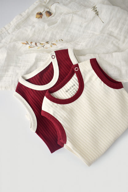 Set 2 body-uri fara maneci Ribana Bebe Unisex din bumbac organic si 5%elastan - Ecru/Bordo BabyCosy