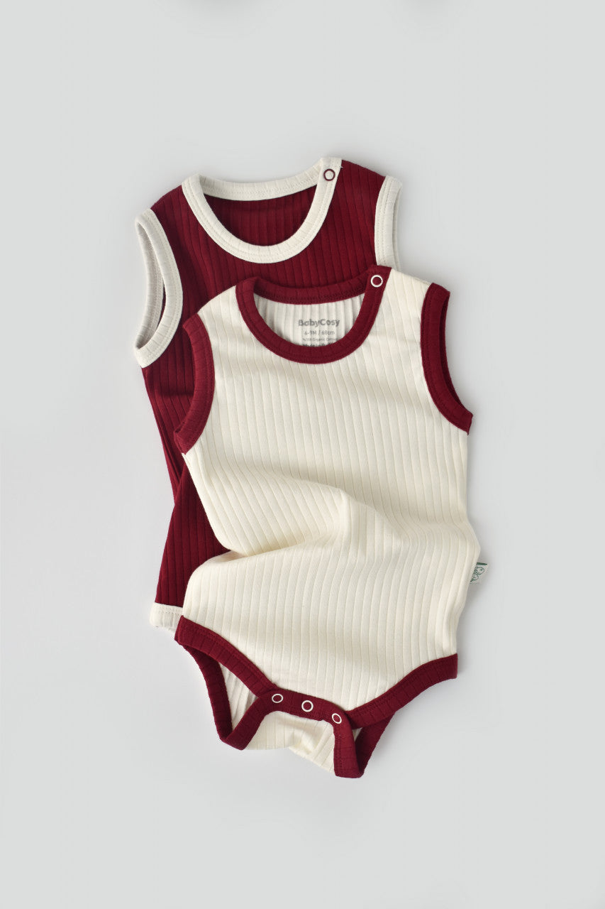 Set 2 body-uri fara maneci Ribana Bebe Unisex din bumbac organic si 5%elastan - Ecru/Bordo BabyCosy