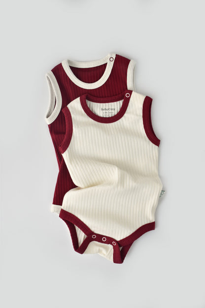 Set 2 body-uri fara maneci Ribana Bebe Unisex din bumbac organic si 5%elastan - Ecru/Bordo BabyCosy