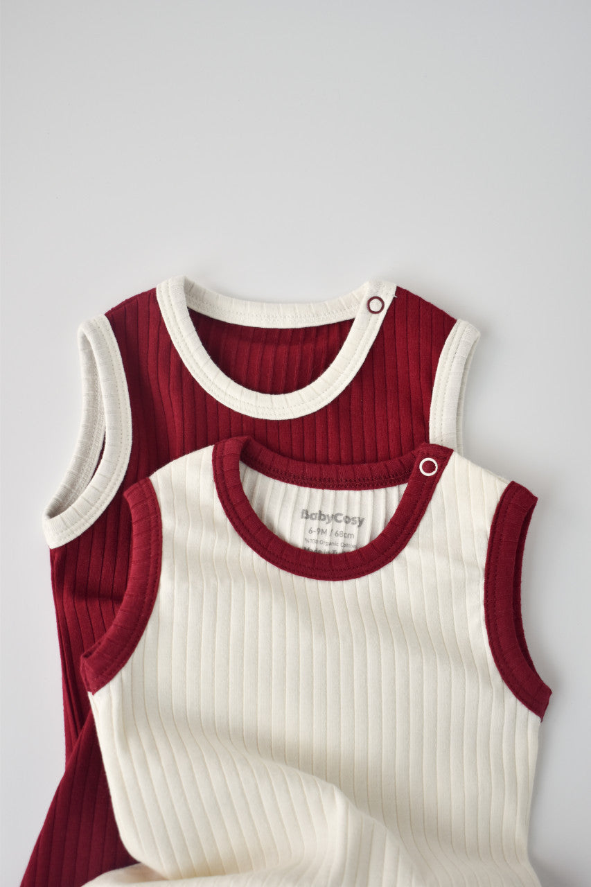 Set 2 body-uri fara maneci Ribana Bebe Unisex din bumbac organic si 5%elastan - Ecru/Bordo BabyCosy