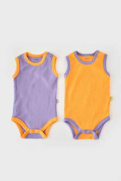Set 2 body-uri fara maneci Ribana Bebe Unisex din bumbac organic si 5%elastan - Galben/Mov BabyCosy
